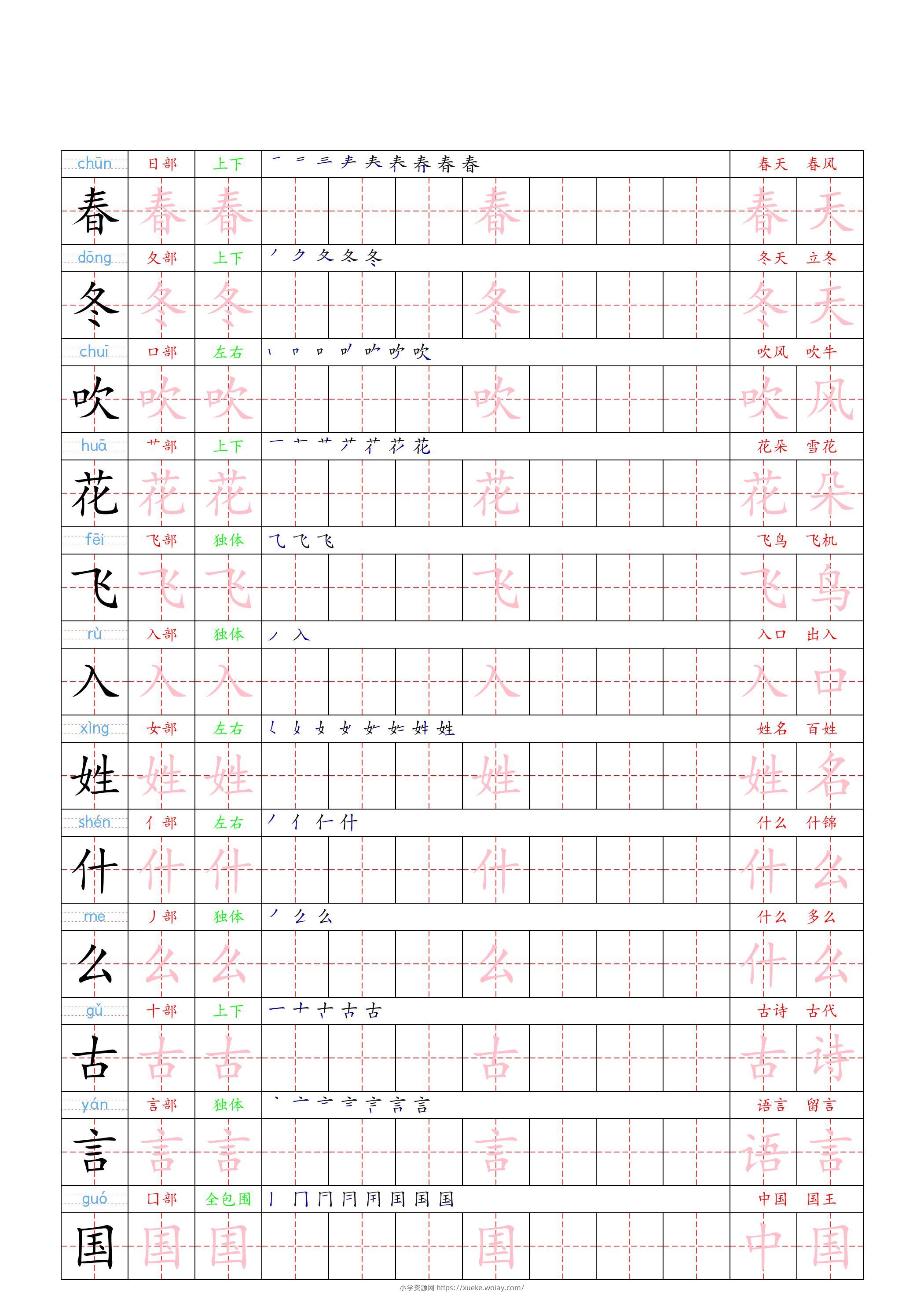 （新版）一下语文写字表一类字贴-六八学科资料网