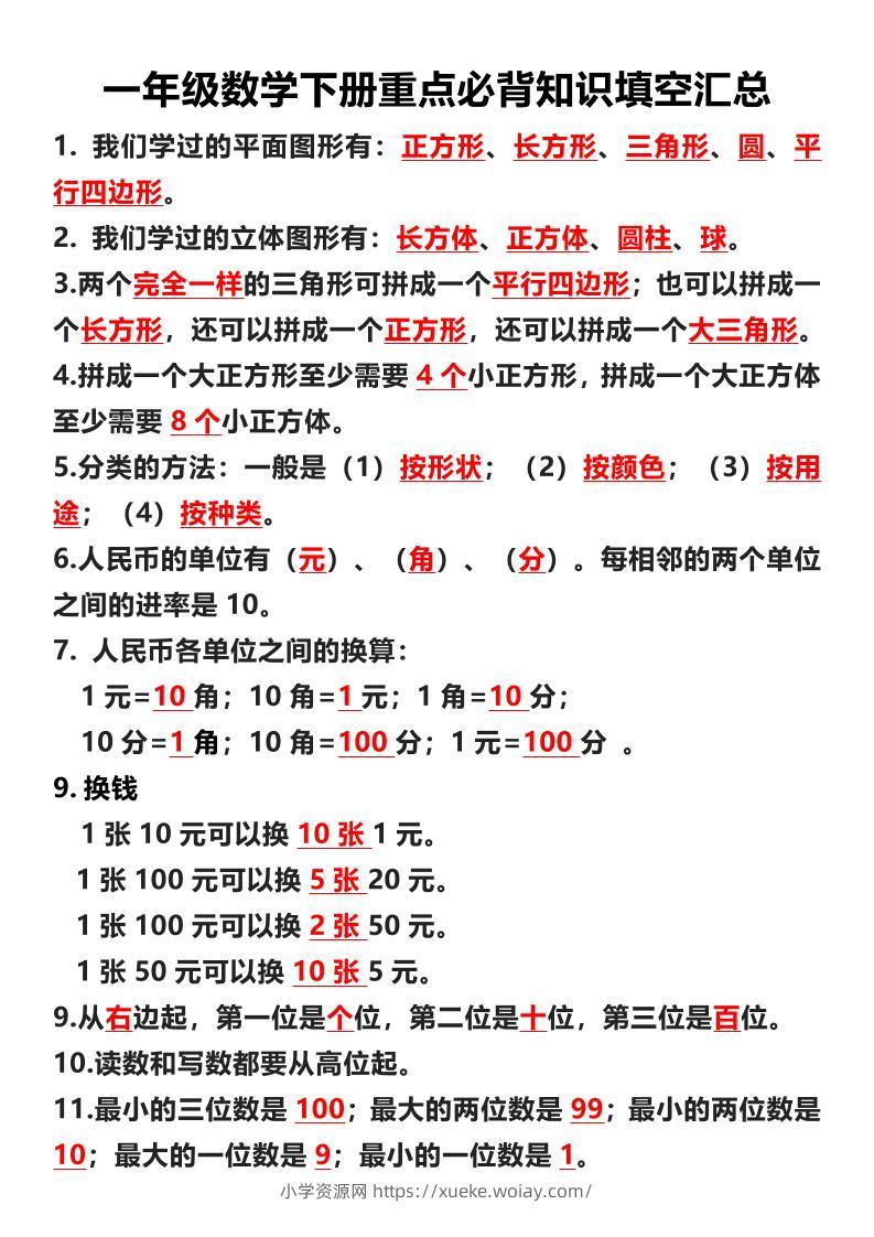 一年级下数学重点必背知识填空汇总-六八学科资料网