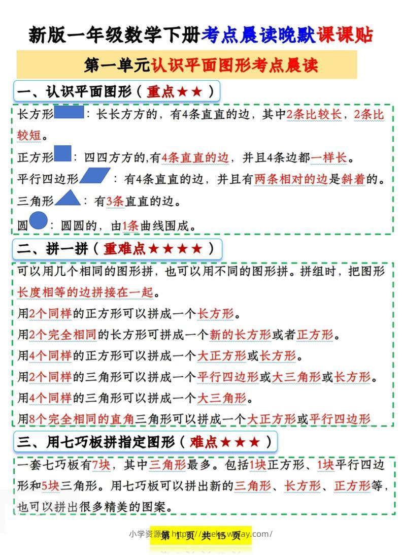 一年级下数学考点晨读晚默课课贴-六八学科资料网
