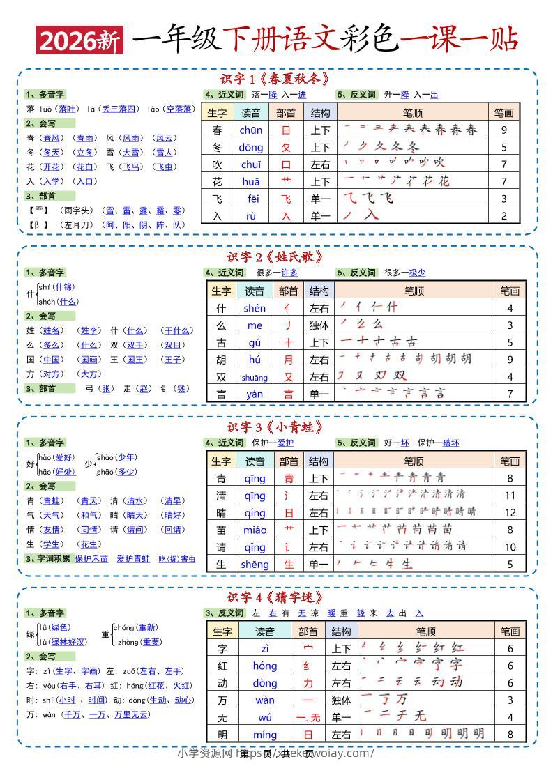 新一年级下语文彩色一课一贴-六八学科资料网