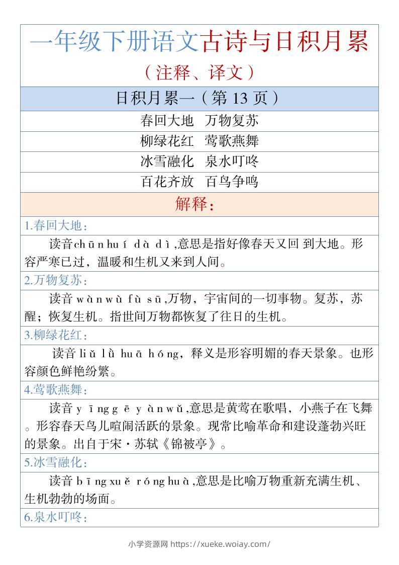 一年级下语文古诗与日积月累（注释、译文）1-六八学科资料网