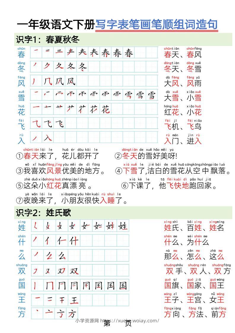 一年级下语文写字表笔画笔顺组词造句-六八学科资料网