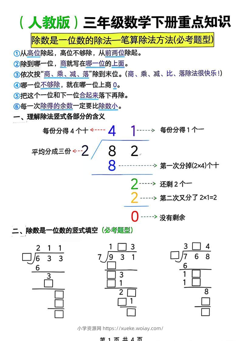 三年级下数学除数是一位数的除法—笔算除法方法(必考题型)《人教版》-六八学科资料网