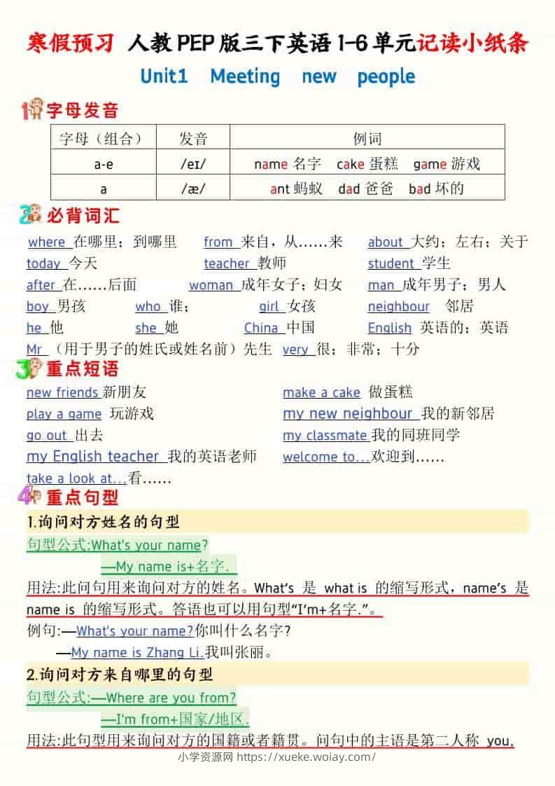三年级下英语寒假预习1-6单元记读小纸条《人教版PEP》-六八学科资料网