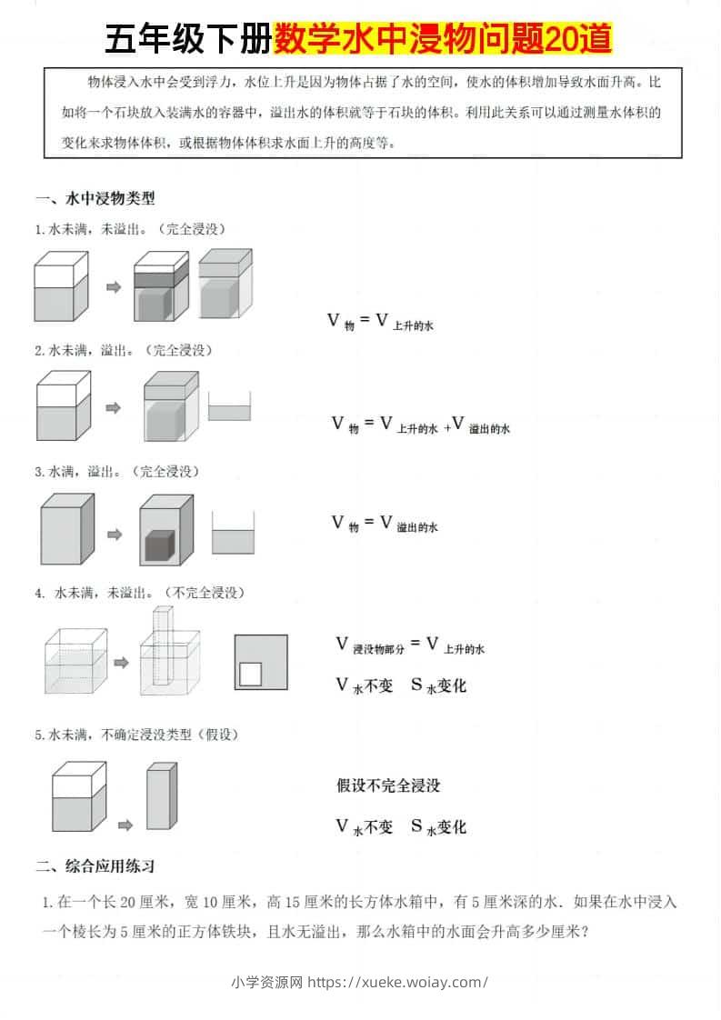 五年级下数学水中浸物问题20道-六八学科资料网