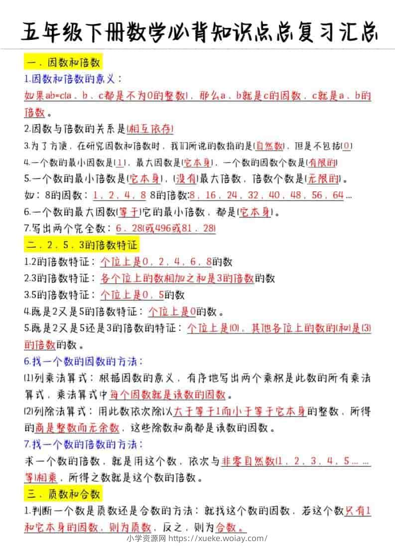 五年级下数学必备知识点汇总-六八学科资料网