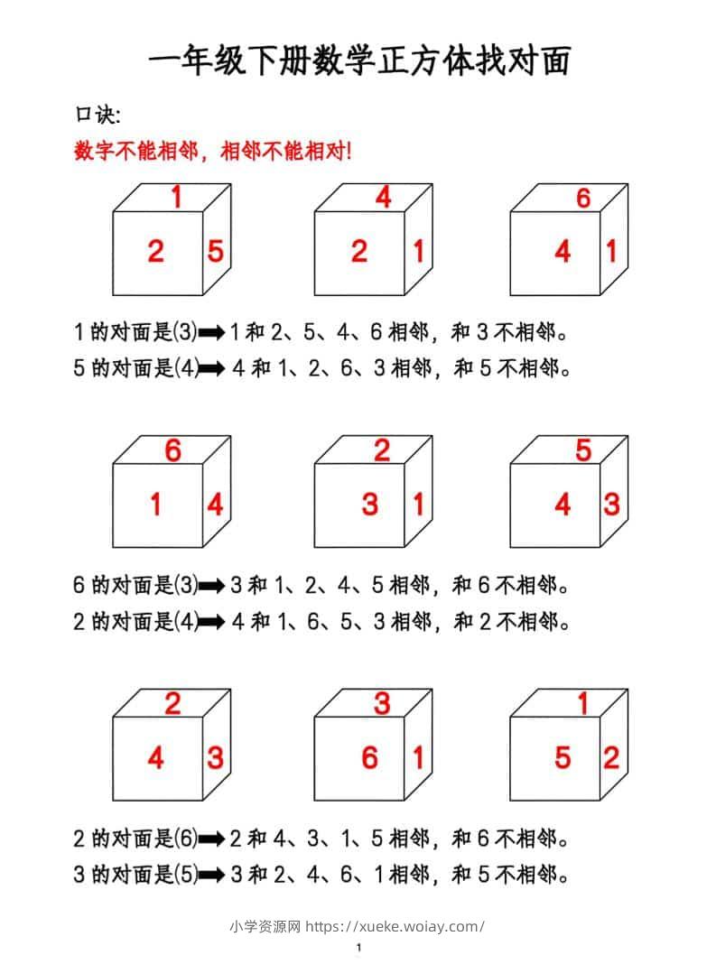 一年级下数学正方体找对面专项练2-六八学科资料网
