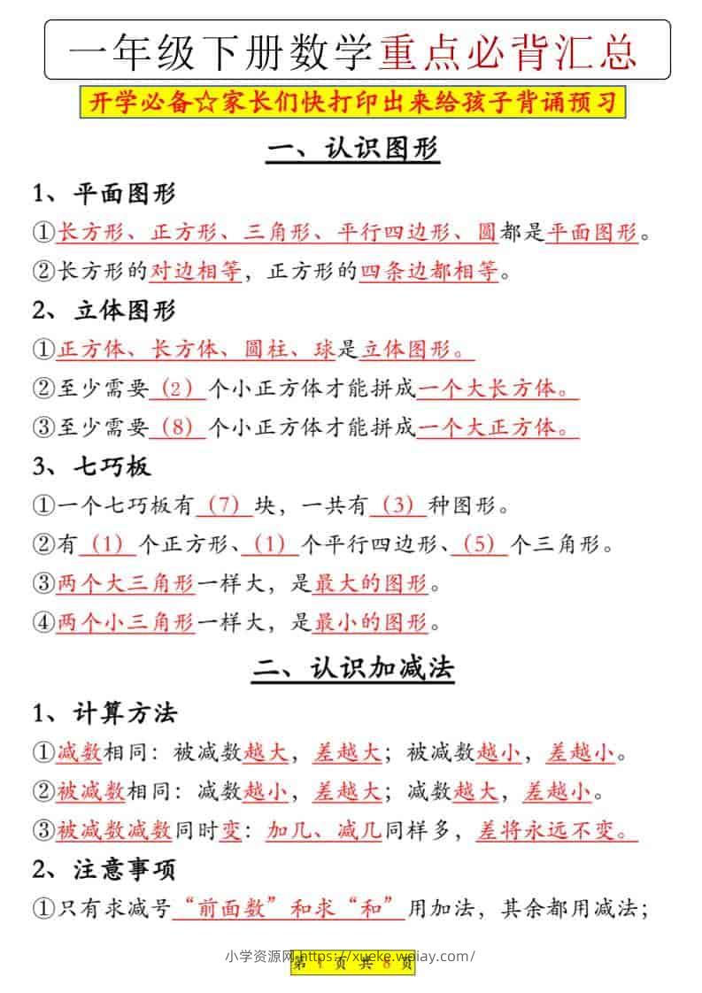 一年级下数学重点必背汇总-六八学科资料网