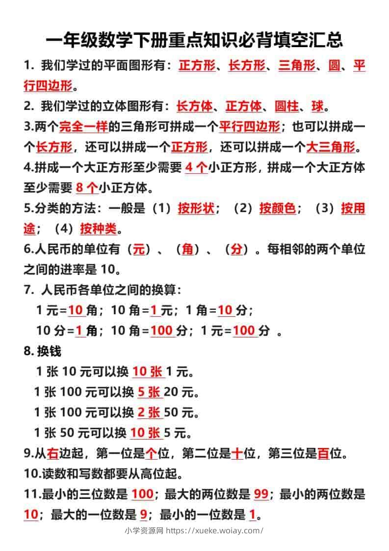 一年级下数学重点必背填空汇总-六八学科资料网