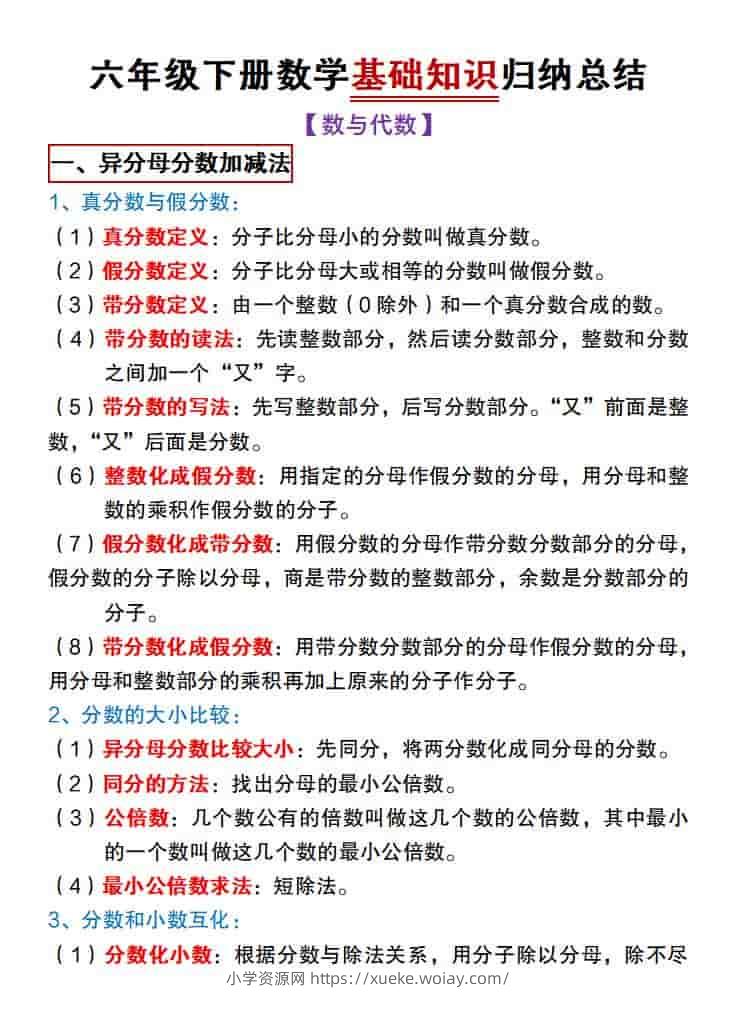 六年级下数学基础知识归纳总结《冀教版》-六八学科资料网