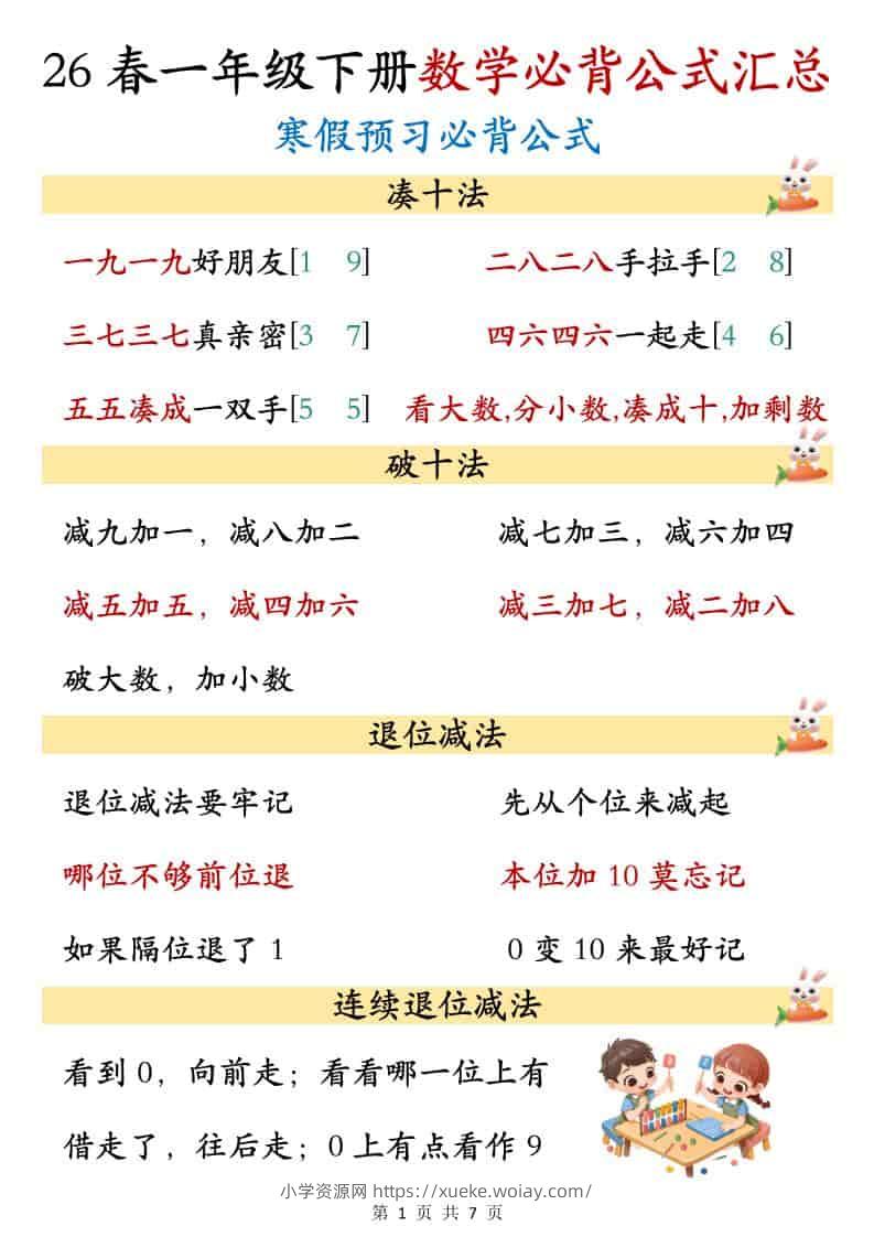 一年级下数学必背公式汇总-六八学科资料网