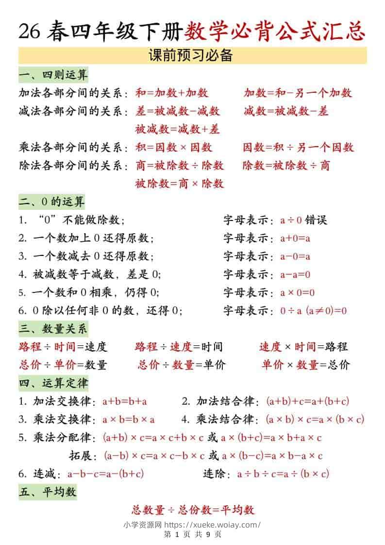 四年级下数学26春必背公式汇总-六八学科资料网
