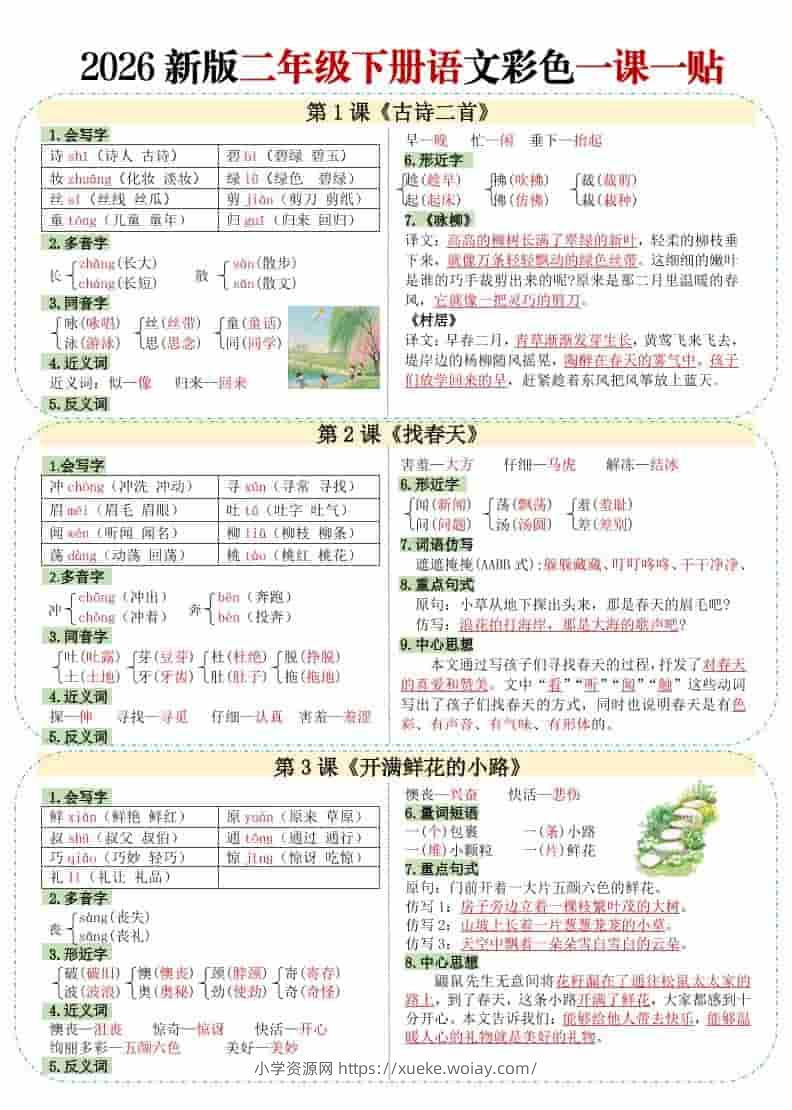 二年级下语文【彩色重点一课一贴】-六八学科资料网