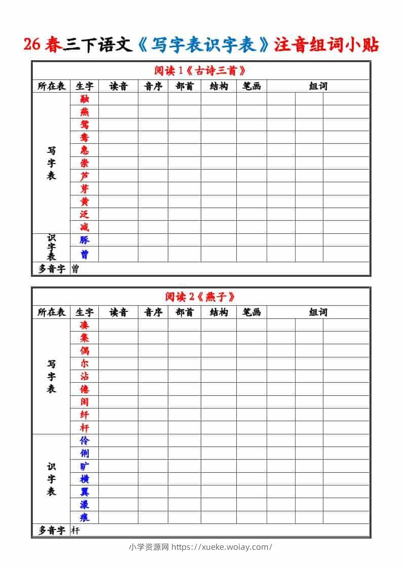 三年级下语文26春《写字表识字表》注音组词小贴-六八学科资料网