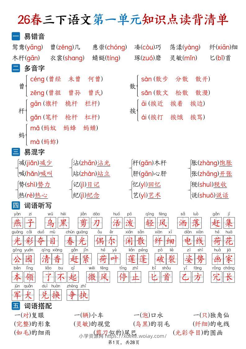 26新三年级下语文1-8单元知识点读背清单（28页）-六八学科资料网