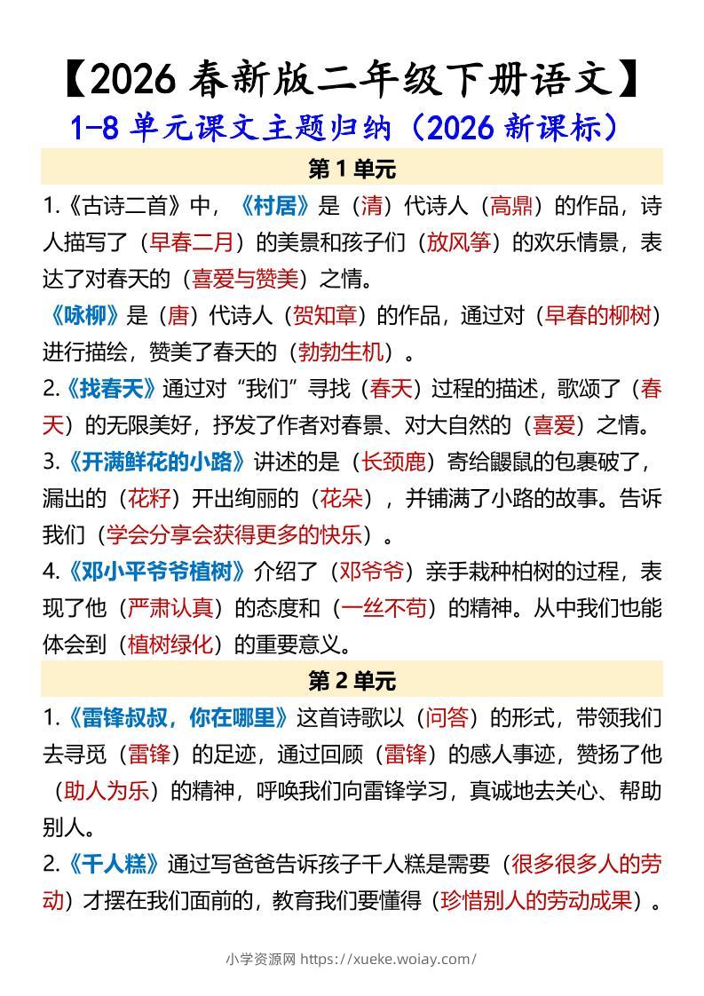 二年级下语文1-8单元课文主题归纳-六八学科资料网