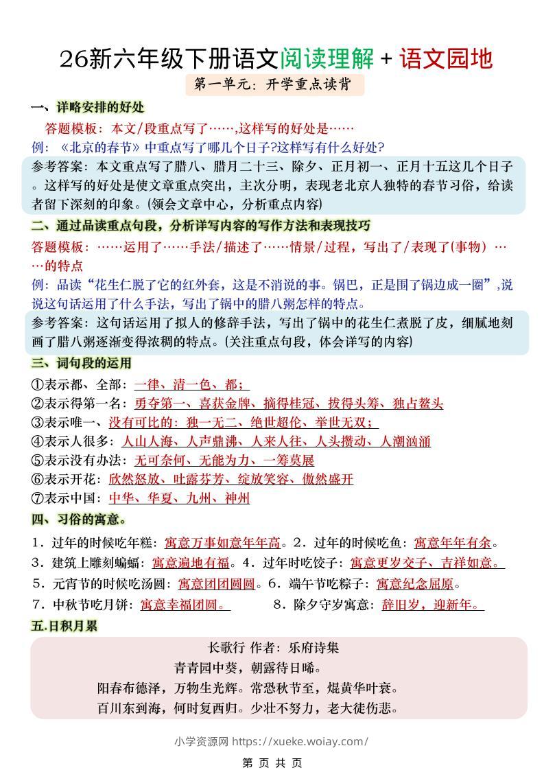 六年级下语文阅读理解＋语文园地-六八学科资料网