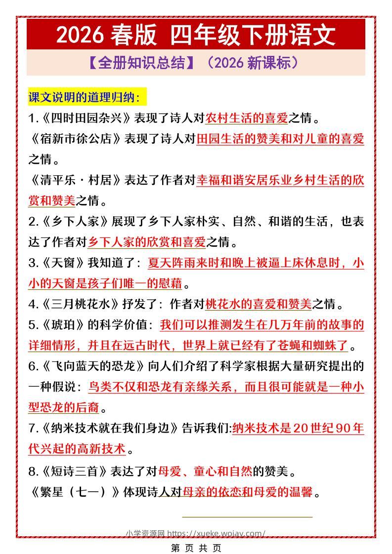 四年级下语文全册中心思想总结归纳-六八学科资料网