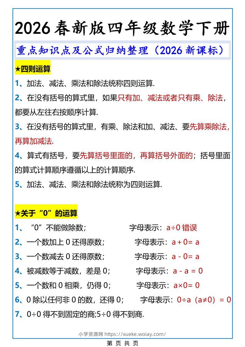 2026春新版四年级下数学重点知识点及公式《人教版》-六八学科资料网