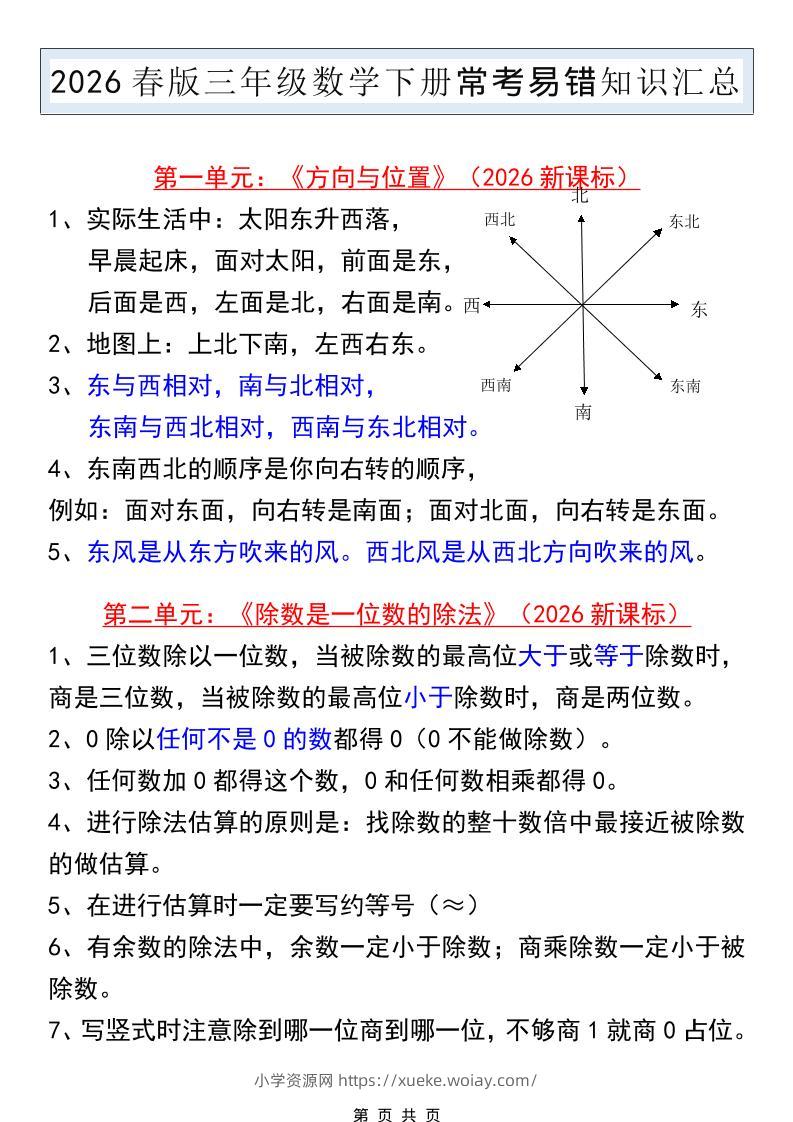 三年级下数学常考易错知识汇总《人教版》-六八学科资料网