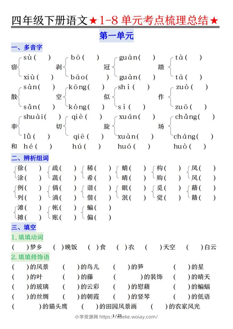 26春四年级下语文1-8单元知识复习要点-六八学科资料网