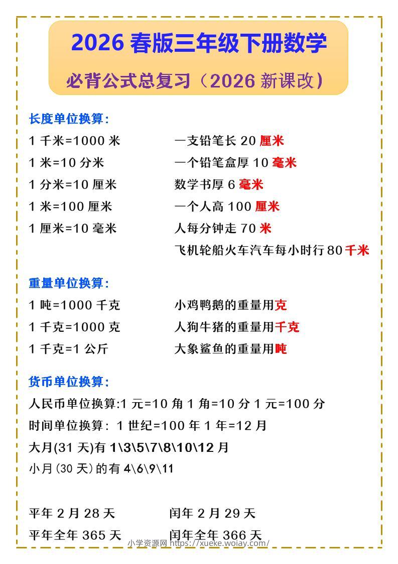 三年级下数学必背公式汇总《人教版》-六八学科资料网