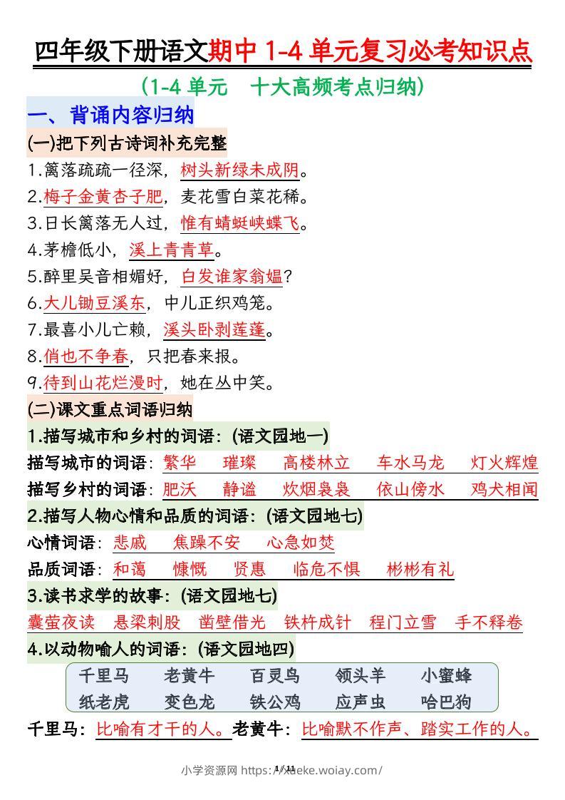 四年级下语文期中1-4单元复习必考知识点-六八学科资料网