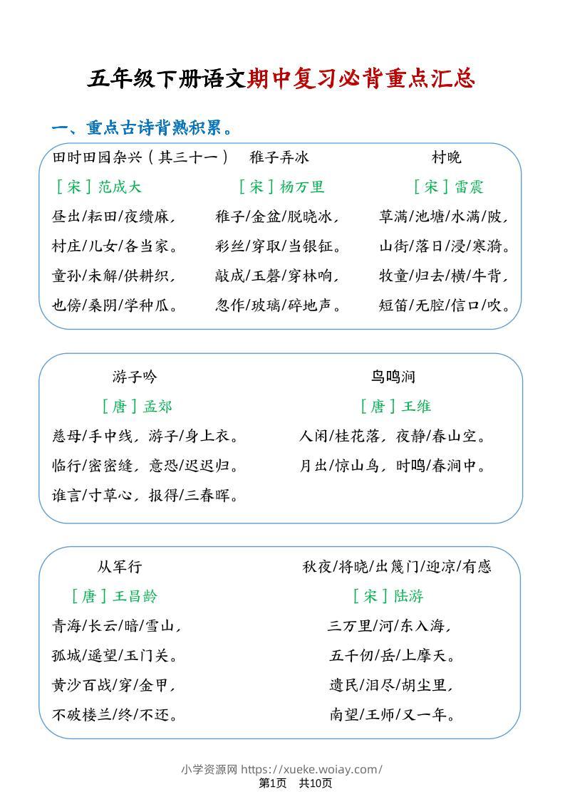 五年级下语文期中复习重点知识点汇总1-六八学科资料网